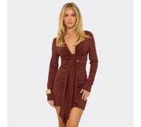 Plunge Front Tie Mini Dress In Chocolate Brown, Women's Size UK Small S