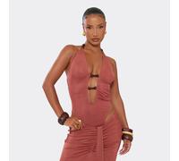 Plunge Halterneck Cut Out Beaded Detail Bodysuit In Rust, Women's Size UK 14