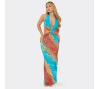 Plunge Halterneck Knot Front Maxi Dress In Blue Multi, Women's Size UK 14