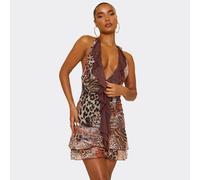 Plunge Neck Frilled Trim Mini Dress In Brown Printed, Women's Size UK 12