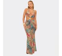 Plunge Ruched Split Front Trim Detail Maxi Dress In Multi Abstract Animal Print, Women's Size UK 8