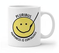 Pluribus “Happiness Is Contagious” Smiley Face Mug - 11oz White Ceramic Coffee Cup, Positive Vibes Gift, Dishwasher & Microwave Safe