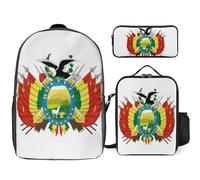 Plurinational Bolivia National Emblem Printed School Backpack Set Lunch Bag Pencil Case 3-Piece School Bags Teens Girls Boys Primary Junior Middle Water Resistant Lightweight Bookbag Travel Rucksack
