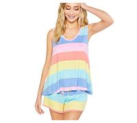 plus Nightgown Womens Rainbow Stripes Short Sleeve Pajama Set Night Top Short Sleepwear Ladies P J Pants (Pink, L)