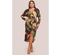 Plus Printed Batwing Wrap Midi Dress Goddiva Brown 26
