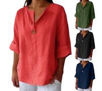 Plus Size 3/4 Sleeve Linen Tops for Women UK Summer V Neck Mid Long Sleeve Tops Ladies Casual Loose Vacation Beach Solid Color down Blouses Tunic T Shirts Cheesecloth Clothes Daily Essential Gifts