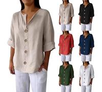 Plus Size 3/4 Sleeve Linen Tops for Women UK Summer V Neck Mid Long Sleeve Tops Ladies Casual Loose Vacation Beach Solid Color down Blouses Tunic T Shirts Cheesecloth Clothes Daily Essential Gifts