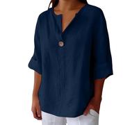 Plus Size 3/4 Sleeve Linen Tops for Women UK Summer V Neck Mid Long Sleeve Tops Ladies Casual Loose Vacation Beach Solid Color down Blouses Tunic T Shirts Cheesecloth Clothes Daily Essential Gifts