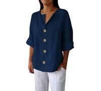 Plus Size 3/4 Sleeve Linen Tops for Women UK Summer V Neck Mid Long Sleeve Tops Ladies Casual Loose Vacation Beach Solid Color down Blouses Tunic T Shirts Cheesecloth Clothes Daily Essential Gifts