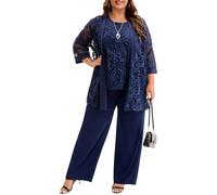 Plus Size 3 Piece Floral Embroidered Pantsuit Set Women Mother of Bride Wedding Guest Formal Evening Cocktail Party Attire, Blue, 22