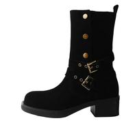 Plus Size 34-41 Women's Suede Western Ankle Boots With Round Toe Chunky Mid-Heel And Buckle Detail For A Casual Cowboy Style