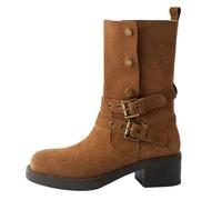 Plus Size 34-41 Women's Suede Western Ankle Boots With Round Toe Chunky Mid-Heel And Buckle Detail For A Casual Cowboy Style