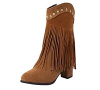 Plus Size 42-43 Women's Suede Mid-Calf Boots With Round Toe Block Heels And Fringe Tassel With Metal Rivets For An Elegant Look