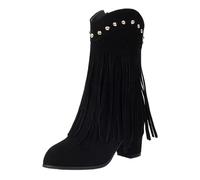 Plus Size 42-43 Women's Suede Mid-Calf Boots With Round Toe Block Heels And Fringe Tassel With Metal Rivets For An Elegant Look