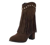 Plus Size 42-43 Women's Suede Mid-Calf Boots With Round Toe Block Heels And Fringe Tassel With Metal Rivets For An Elegant Look