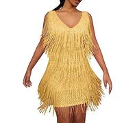 Plus Size 5XL Sexy V-Neck Tassel Mini Dress for Women Elegant Sleeveless Evening Party Bodycon Dresses Summer Night Club Dress-Gold,XXXXXL