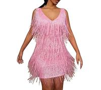Plus Size 5XL Sexy V-Neck Tassel Mini Dress for Women Elegant Sleeveless Evening Party Bodycon Dresses Summer Night Club Dress-Pink,XXXXXL
