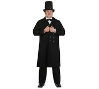 Plus Size Abraham Lincoln Costume for Men with Coat, Shirt, Front Hat and Beard for Halloween or Historical Reenactment, Black, 3X