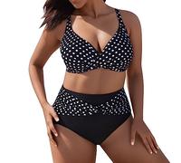 Plus Size Bikini Sets for Women UK 2 Piece Polka Dot Prints Bathing Suits Twist Front Bikini Top and High Waisted Bottoms Tummy Control Ladies Ruched Swimming Suits Comfort Swimwear Black