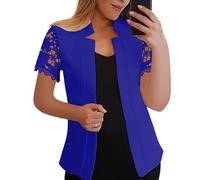 Plus Size Blazer for Women Patchwork Floral Lace Short Sleeve Blazers Casual Business Open Front Stand Collar Suits Jackets Summer Lightweight Office Workwear Royal Blue 4XL