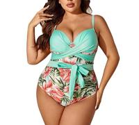 Plus Size Boho Swimsuit Women's Plus Tropical Print Front Knot Bathing Suit Women's Thong Swimsuit (Green, XL)