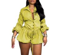 Plus Size Bubble Romper Women, Drawstring Long Sleeve Bubble Cargo Shorts Jumpsuit Casual One Piece Outfits Overalls (Yellow,3XL)