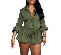 Plus Size Bubble Romper Women, Drawstring Long Sleeve Bubble Cargo Shorts Jumpsuit Casual One Piece Outfits Overalls (Army Green,3XL)