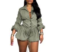 Plus Size Bubble Romper Women, Drawstring Long Sleeve Bubble Cargo Shorts Jumpsuit Casual One Piece Outfits Overalls (Light Green,XL)