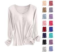 Plus Size Built in Bra Tops Women Solid Color Crewneck Ladies Tops with Bra Integrated Long Sleeve Tops Minimalist T Shirts with Breast Pad Underwear Pajamas Undershirt Base Black Clothing UK Sales