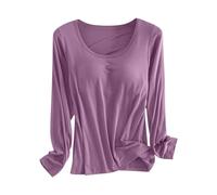 Plus Size Built in Bra Tops Women Solid Color Crewneck Ladies Tops with Bra Integrated Long Sleeve Tops Minimalist T Shirts with Breast Pad Underwear Pajamas Undershirt Base Black Clothing UK Sales