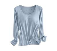 Plus Size Built in Bra Tops Women Solid Color Crewneck Ladies Tops with Bra Integrated Long Sleeve Tops Minimalist T Shirts with Breast Pad Underwear Pajamas Undershirt Base Black Clothing UK Sales
