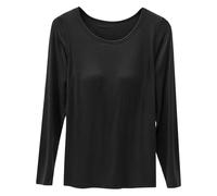Plus Size Built in Bra Tops Women Solid Color Crewneck Ladies Tops with Bra Integrated Long Sleeve Tops Minimalist T Shirts with Breast Pad Underwear Pajamas Undershirt Base Black Clothing UK Sales