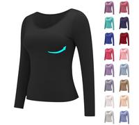 Plus Size Built in Bra Tops Women Solid Color Crewneck Ladies Tops with Bra Integrated Long Sleeve Tops Minimalist T Shirts with Breast Pad Underwear Pajamas Undershirt Base Black Clothing UK Sales