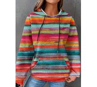 Plus Size Casual Loose Fit Slightly Stretchy Hoodie, Women's Rainbow Stripe Print Hooded Sweatshirt with Pockets