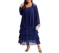 Plus Size Chiffon Mother of The Bride Layered Dress with Jacket 2 Piece Set Decal Designs Formal Wedding Guest Attire, Blue, 32