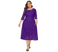 Plus Size Cocktail Dress for Women Vintage 3/4 Sleeve Floral Lace Wedding Guest Dresses Pleated High Waist A-Line Swing Dresses Formal Prom Gown Boho Lace Summer Midi Dresses with Pockets Purple 3XL