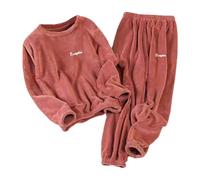 Plus Size Coral Fleece Winter Pajama Set for Women Thick Flannel Sleepwear Warm House Wash for Couples for Men Indoor Outdoor, Brick Red, XL