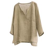 Plus Size Cotton Linen Tops for Men Long Sleeve V Neck Summer Baggy Henley Shirts Casual Loose Beach T-Shirts Unisex, B# Khaki, XXL