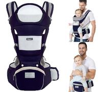 (Plus Size Dark Blue) Multi-functional baby carrier, ergonomic, 6 ways to carry in one, adjustable, with hip seat, for newborn to toddler 0-36 months (3 to 30 kg) (grey)