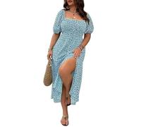 Plus Size Ditsy Floral All Over Print Split Thigh Dress, Casual Puff Sleeve, lace-up Casual Beach Maxi (Sky Blue,3XL)