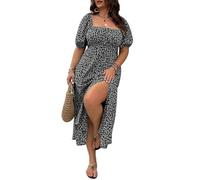 Plus Size Ditsy Floral All Over Print Split Thigh Dress, Casual Puff Sleeve, lace-up Casual Beach Maxi (Black,XL)
