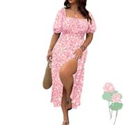 Plus Size Ditsy Floral All Over Print Split Thigh Dress, Casual Puff Sleeve, lace-up Casual Beach Maxi (Pink,XXL)