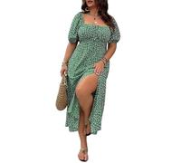 Plus Size Ditsy Floral All Over Print Split Thigh Dress, Casual Puff Sleeve, lace-up Casual Beach Maxi (Green,XL)