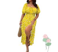 Plus Size Ditsy Floral All Over Print Split Thigh Dress, Casual Puff Sleeve, lace-up Casual Beach Maxi (Yellow,5XL)