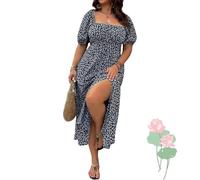 Plus Size Ditsy Floral All Over Print Split Thigh Dress, Casual Puff Sleeve, lace-up Casual Beach Maxi (Royal Blue,XXL)