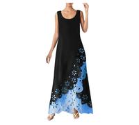 Plus Size Dress for Women Elegant Dresses Clashing Sleeveless Printed Boho Dress Round Neck Casual Loose Summer Holiday Long Dresses Shift Dresses Clearance Pinafore Dresses for Women UK Blue