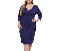 Plus Size Dress for Women Elegant V Neck Midi Dresses 3/4 Sleeve Casual Loose Dress Ladies Lace Plain Dresses Summer Spring Wedding Guest Outfit for Evening Night Out Blue