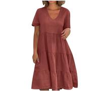 Plus Size Dress for Women UK Clearance V Neck Short Sleeve Midi Dress Plain Casual Summer Loose Dresses Party Beach Boho Knee Length Dress Ladies Swing Flowy Tunic Dress Coffee