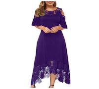 Plus Size Dress for Women UK Elegant Casual Chiffon Maxi Dresses Cold Shoulder Lace Floral Long Dress Short Sleeve Formal Crewneck Prom Dress Ladies Wedding Guest Dresses for Evening Night Out