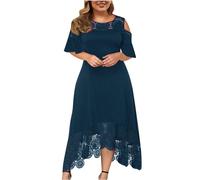 Plus Size Dress for Women UK Elegant Casual Chiffon Maxi Dresses Cold Shoulder Lace Floral Long Dress Short Sleeve Formal Crewneck Prom Dress Ladies Wedding Guest Dresses for Evening Night Out